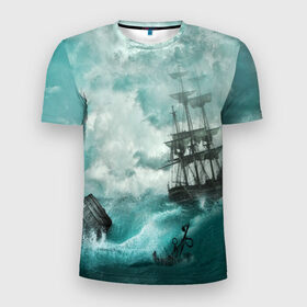 Мужская футболка 3D спортивная с принтом Море в Петрозаводске, 100% полиэстер с улучшенными характеристиками | приталенный силуэт, круглая горловина, широкие плечи, сужается к линии бедра | Тематика изображения на принте: бочка | вода | волны | корабль | море | небо | новые | облака | океан | природа | шторм | якорь
