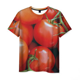 Мужская футболка 3D с принтом Томаты в Петрозаводске, 100% полиэфир | прямой крой, круглый вырез горловины, длина до линии бедер | дача | еда | зелень | красный | овощи | огород | помидоры | томаты