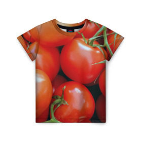 Детская футболка 3D с принтом Томаты в Петрозаводске, 100% гипоаллергенный полиэфир | прямой крой, круглый вырез горловины, длина до линии бедер, чуть спущенное плечо, ткань немного тянется | дача | еда | зелень | красный | овощи | огород | помидоры | томаты