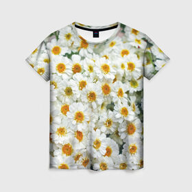 Женская футболка 3D с принтом Ромашки в Петрозаводске, 100% полиэфир ( синтетическое хлопкоподобное полотно) | прямой крой, круглый вырез горловины, длина до линии бедер | букет | зелень | лепестки | природа | растения | ромашки | цветы