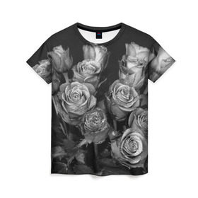 Женская футболка 3D с принтом Черно-белые розы в Петрозаводске, 100% полиэфир ( синтетическое хлопкоподобное полотно) | прямой крой, круглый вырез горловины, длина до линии бедер | букет | цветы