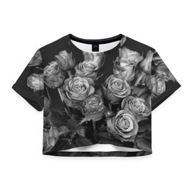 Женская футболка 3D укороченная с принтом Черно-белые розы в Петрозаводске, 100% полиэстер | круглая горловина, длина футболки до линии талии, рукава с отворотами | Тематика изображения на принте: букет | цветы