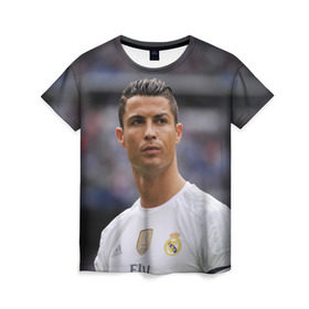 Женская футболка 3D с принтом Cristiano Ronaldo в Петрозаводске, 100% полиэфир ( синтетическое хлопкоподобное полотно) | прямой крой, круглый вырез горловины, длина до линии бедер | криштиану роналду | реал мадрид