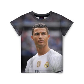 Детская футболка 3D с принтом Cristiano Ronaldo в Петрозаводске, 100% гипоаллергенный полиэфир | прямой крой, круглый вырез горловины, длина до линии бедер, чуть спущенное плечо, ткань немного тянется | криштиану роналду | реал мадрид