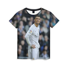 Женская футболка 3D с принтом Cristiano Ronaldo в Петрозаводске, 100% полиэфир ( синтетическое хлопкоподобное полотно) | прямой крой, круглый вырез горловины, длина до линии бедер | криштиану роналду | реал мадрид