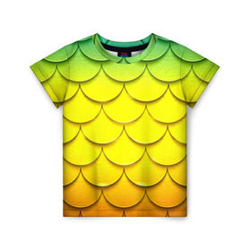 Детская футболка 3D с принтом Волны в Петрозаводске, 100% гипоаллергенный полиэфир | прямой крой, круглый вырез горловины, длина до линии бедер, чуть спущенное плечо, ткань немного тянется | желтый | паттерн | чешуя