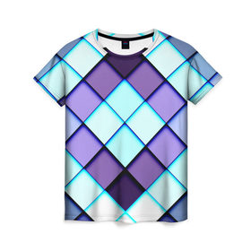 Женская футболка 3D с принтом Геометрия в Петрозаводске, 100% полиэфир ( синтетическое хлопкоподобное полотно) | прямой крой, круглый вырез горловины, длина до линии бедер | плитка | сиреневый | яркий