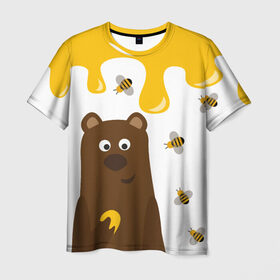 Мужская футболка 3D с принтом Медведь в мёде в Петрозаводске, 100% полиэфир | прямой крой, круглый вырез горловины, длина до линии бедер | Тематика изображения на принте: мёд | медведь | миша | пчелы