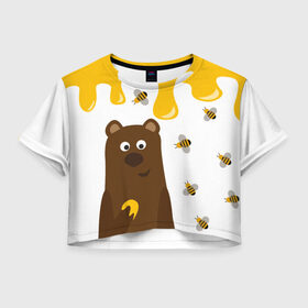 Женская футболка 3D укороченная с принтом Медведь в мёде в Петрозаводске, 100% полиэстер | круглая горловина, длина футболки до линии талии, рукава с отворотами | мёд | медведь | миша | пчелы