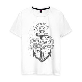 Мужская футболка хлопок с принтом Гладкое море в Петрозаводске, 100% хлопок | прямой крой, круглый вырез горловины, длина до линии бедер, слегка спущенное плечо. | море | моряк | символы | якорь