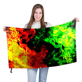 Флаг 3D с принтом Огненная битва в Петрозаводске, 100% полиэстер | плотность ткани — 95 г/м2, размер — 67 х 109 см. Принт наносится с одной стороны | дым | зеленый | красный | огонь