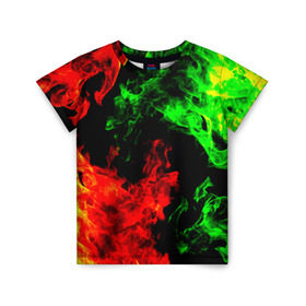 Детская футболка 3D с принтом Огненная битва в Петрозаводске, 100% гипоаллергенный полиэфир | прямой крой, круглый вырез горловины, длина до линии бедер, чуть спущенное плечо, ткань немного тянется | дым | зеленый | красный | огонь