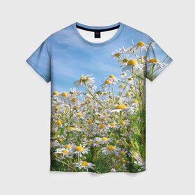 Женская футболка 3D с принтом Ромашковый рай в Петрозаводске, 100% полиэфир ( синтетическое хлопкоподобное полотно) | прямой крой, круглый вырез горловины, длина до линии бедер | Тематика изображения на принте: лепестки | небо | прикольные картинки | ромашки | солнце | цветочки | цветы