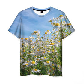 Мужская футболка 3D с принтом Ромашковый рай в Петрозаводске, 100% полиэфир | прямой крой, круглый вырез горловины, длина до линии бедер | лепестки | небо | прикольные картинки | ромашки | солнце | цветочки | цветы