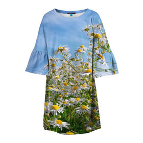 Детское платье 3D с принтом Ромашковый рай в Петрозаводске, 100% полиэстер | прямой силуэт, чуть расширенный к низу. Круглая горловина, на рукавах — воланы | лепестки | небо | прикольные картинки | ромашки | солнце | цветочки | цветы