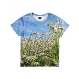 Детская футболка 3D с принтом Ромашковый рай в Петрозаводске, 100% гипоаллергенный полиэфир | прямой крой, круглый вырез горловины, длина до линии бедер, чуть спущенное плечо, ткань немного тянется | лепестки | небо | прикольные картинки | ромашки | солнце | цветочки | цветы