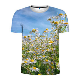 Мужская футболка 3D спортивная с принтом Ромашковый рай в Петрозаводске, 100% полиэстер с улучшенными характеристиками | приталенный силуэт, круглая горловина, широкие плечи, сужается к линии бедра | лепестки | небо | прикольные картинки | ромашки | солнце | цветочки | цветы