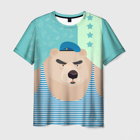 Мужская футболка 3D с принтом Медведь - вдвшник в Петрозаводске, 100% полиэфир | прямой крой, круглый вырез горловины, длина до линии бедер | вдв | военные | военный | воздушные войска | медведь | морпех | нас мало но мы в тельняшках | русский | солдат | тельняшка