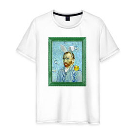 Мужская футболка хлопок с принтом Детство Ван Гога в Петрозаводске, 100% хлопок | прямой крой, круглый вырез горловины, длина до линии бедер, слегка спущенное плечо. | автопортрет | ван гог | детство | зайчик | зелёный | личность | портрет | рама | рамка | синий | уточка | ушки