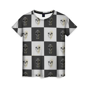 Женская футболка 3D с принтом Skullchess в Петрозаводске, 100% полиэфир ( синтетическое хлопкоподобное полотно) | прямой крой, круглый вырез горловины, длина до линии бедер | хелоуин | череп | черное и белое | шахматы