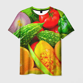 Мужская футболка 3D с принтом Овощи в Петрозаводске, 100% полиэфир | прямой крой, круглый вырез горловины, длина до линии бедер | апельсин | диета | киви | лук | овощ | огурец | помидор
