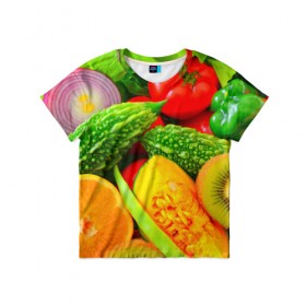 Детская футболка 3D с принтом Овощи в Петрозаводске, 100% гипоаллергенный полиэфир | прямой крой, круглый вырез горловины, длина до линии бедер, чуть спущенное плечо, ткань немного тянется | апельсин | диета | киви | лук | овощ | огурец | помидор