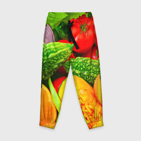Детские брюки 3D с принтом Овощи в Петрозаводске, 100% полиэстер | манжеты по низу, эластичный пояс регулируется шнурком, по бокам два кармана без застежек, внутренняя часть кармана из мелкой сетки | апельсин | диета | киви | лук | овощ | огурец | помидор