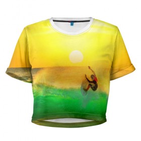 Женская футболка 3D укороченная с принтом Серфинг в Петрозаводске, 100% полиэстер | круглая горловина, длина футболки до линии талии, рукава с отворотами | 