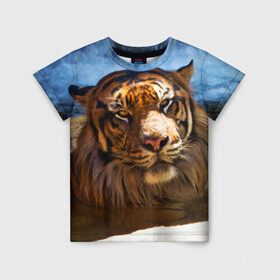 Детская футболка 3D с принтом Тигр в Петрозаводске, 100% гипоаллергенный полиэфир | прямой крой, круглый вырез горловины, длина до линии бедер, чуть спущенное плечо, ткань немного тянется | вода | дикая кошка | природа | тигр | хищник