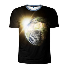 Мужская футболка 3D спортивная с принтом Восход солнца в Петрозаводске, 100% полиэстер с улучшенными характеристиками | приталенный силуэт, круглая горловина, широкие плечи, сужается к линии бедра | звёзды | космическое пространство | космос | планета | солнце
