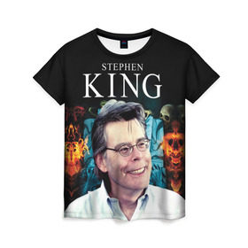 Женская футболка 3D с принтом Стивен Кинг - Король ужасов в Петрозаводске, 100% полиэфир ( синтетическое хлопкоподобное полотно) | прямой крой, круглый вырез горловины, длина до линии бедер | Тематика изображения на принте: король ужасов | писатель | триллер | ужасы