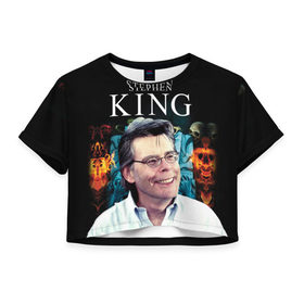 Женская футболка 3D укороченная с принтом Стивен Кинг - Король ужасов в Петрозаводске, 100% полиэстер | круглая горловина, длина футболки до линии талии, рукава с отворотами | король ужасов | писатель | триллер | ужасы