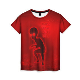 Женская футболка 3D с принтом They belive in you в Петрозаводске, 100% полиэфир ( синтетическое хлопкоподобное полотно) | прямой крой, круглый вырез горловины, длина до линии бедер | инопланетяне | инопланетянин | красный | марс | марсианин | нло