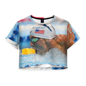 Женская футболка 3D укороченная с принтом Майкл Фелпс в Петрозаводске, 100% полиэстер | круглая горловина, длина футболки до линии талии, рукава с отворотами | swimming | бассейн | олимпиада | плавание | пловец | рио | фелпс