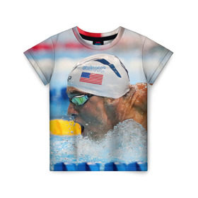 Детская футболка 3D с принтом Майкл Фелпс в Петрозаводске, 100% гипоаллергенный полиэфир | прямой крой, круглый вырез горловины, длина до линии бедер, чуть спущенное плечо, ткань немного тянется | swimming | бассейн | олимпиада | плавание | пловец | рио | фелпс