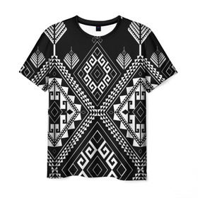Мужская футболка 3D с принтом Индейские мотивы в Петрозаводске, 100% полиэфир | прямой крой, круглый вырез горловины, длина до линии бедер | вышивка | орнамент | свитер | черно белый