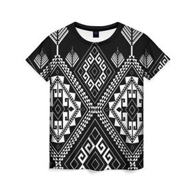 Женская футболка 3D с принтом Индейские мотивы в Петрозаводске, 100% полиэфир ( синтетическое хлопкоподобное полотно) | прямой крой, круглый вырез горловины, длина до линии бедер | вышивка | орнамент | свитер | черно белый