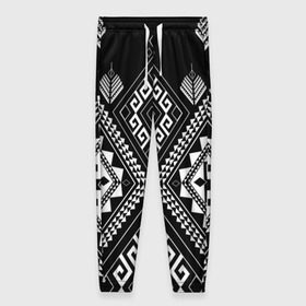 Женские брюки 3D с принтом Индейские мотивы в Петрозаводске, полиэстер 100% | прямой крой, два кармана без застежек по бокам, с мягкой трикотажной резинкой на поясе и по низу штанин. В поясе для дополнительного комфорта — широкие завязки | Тематика изображения на принте: вышивка | орнамент | свитер | черно белый