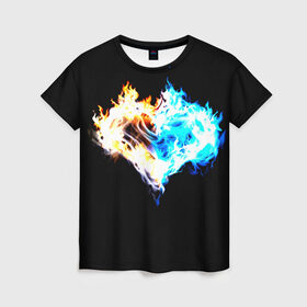 Женская футболка 3D с принтом Огненное сердце в Петрозаводске, 100% полиэфир ( синтетическое хлопкоподобное полотно) | прямой крой, круглый вырез горловины, длина до линии бедер | огонь