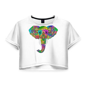 Женская футболка 3D укороченная с принтом Радужный слон в Петрозаводске, 100% полиэстер | круглая горловина, длина футболки до линии талии, рукава с отворотами | 