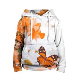 Детская толстовка 3D с принтом Оранж в Петрозаводске, 100% полиэстер | двухслойный капюшон со шнурком для регулировки, мягкие манжеты на рукавах и по низу толстовки, спереди карман-кенгуру с мягким внутренним слоем | Тематика изображения на принте: бабочки | лепестки | оранжевый | цветочки | цветы