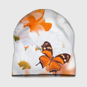 Шапка 3D с принтом Оранж в Петрозаводске, 100% полиэстер | универсальный размер, печать по всей поверхности изделия | бабочки | лепестки | оранжевый | цветочки | цветы