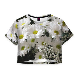 Женская футболка 3D укороченная с принтом Белоснежное цветение в Петрозаводске, 100% полиэстер | круглая горловина, длина футболки до линии талии, рукава с отворотами | ландыши | лепестки | прикольные картинки | ромашки | цветочки | цветы