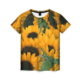 Женская футболка 3D с принтом Подсолнухи в Петрозаводске, 100% полиэфир ( синтетическое хлопкоподобное полотно) | прямой крой, круглый вырез горловины, длина до линии бедер | желтый | зеленый | лето | подсолнухи | цветы | черный