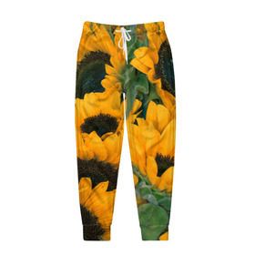 Мужские брюки 3D с принтом Подсолнухи в Петрозаводске, 100% полиэстер | манжеты по низу, эластичный пояс регулируется шнурком, по бокам два кармана без застежек, внутренняя часть кармана из мелкой сетки | желтый | зеленый | лето | подсолнухи | цветы | черный