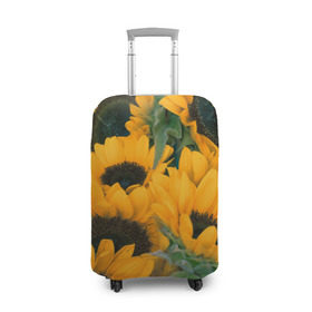 Чехол для чемодана 3D с принтом Подсолнухи в Петрозаводске, 86% полиэфир, 14% спандекс | двустороннее нанесение принта, прорези для ручек и колес | желтый | зеленый | лето | подсолнухи | цветы | черный