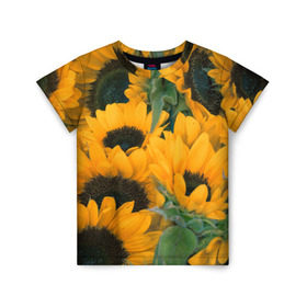 Детская футболка 3D с принтом Подсолнухи в Петрозаводске, 100% гипоаллергенный полиэфир | прямой крой, круглый вырез горловины, длина до линии бедер, чуть спущенное плечо, ткань немного тянется | желтый | зеленый | лето | подсолнухи | цветы | черный