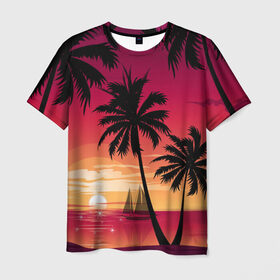 Мужская футболка 3D с принтом Пальмы в Петрозаводске, 100% полиэфир | прямой крой, круглый вырез горловины, длина до линии бедер | лето | море | пальмы