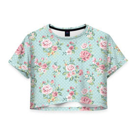 Женская футболка 3D укороченная с принтом Цветы ретро 1 в Петрозаводске, 100% полиэстер | круглая горловина, длина футболки до линии талии, рукава с отворотами |   | винтаж | прованс | роза | роспись | узор | цветок | цветы