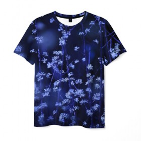Мужская футболка 3D с принтом Ночные цветы в Петрозаводске, 100% полиэфир | прямой крой, круглый вырез горловины, длина до линии бедер | лепестки | ночь | прикольные картинки | синий | цветочки | цветы